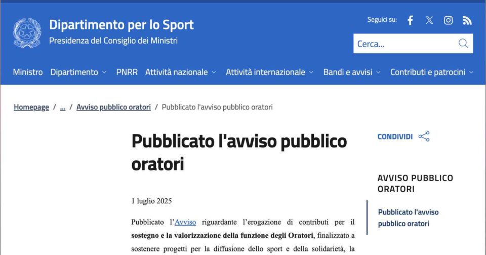 CONTRIBUTO MINISTERIALE PER IL SOSTEGNO E LA VALORIZZAZIONE DEGLI ORATORI (Parrocchie ed ETS)