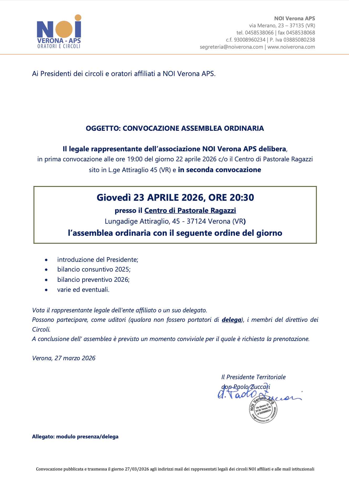 ordine del giorno e modulo presenza/delega